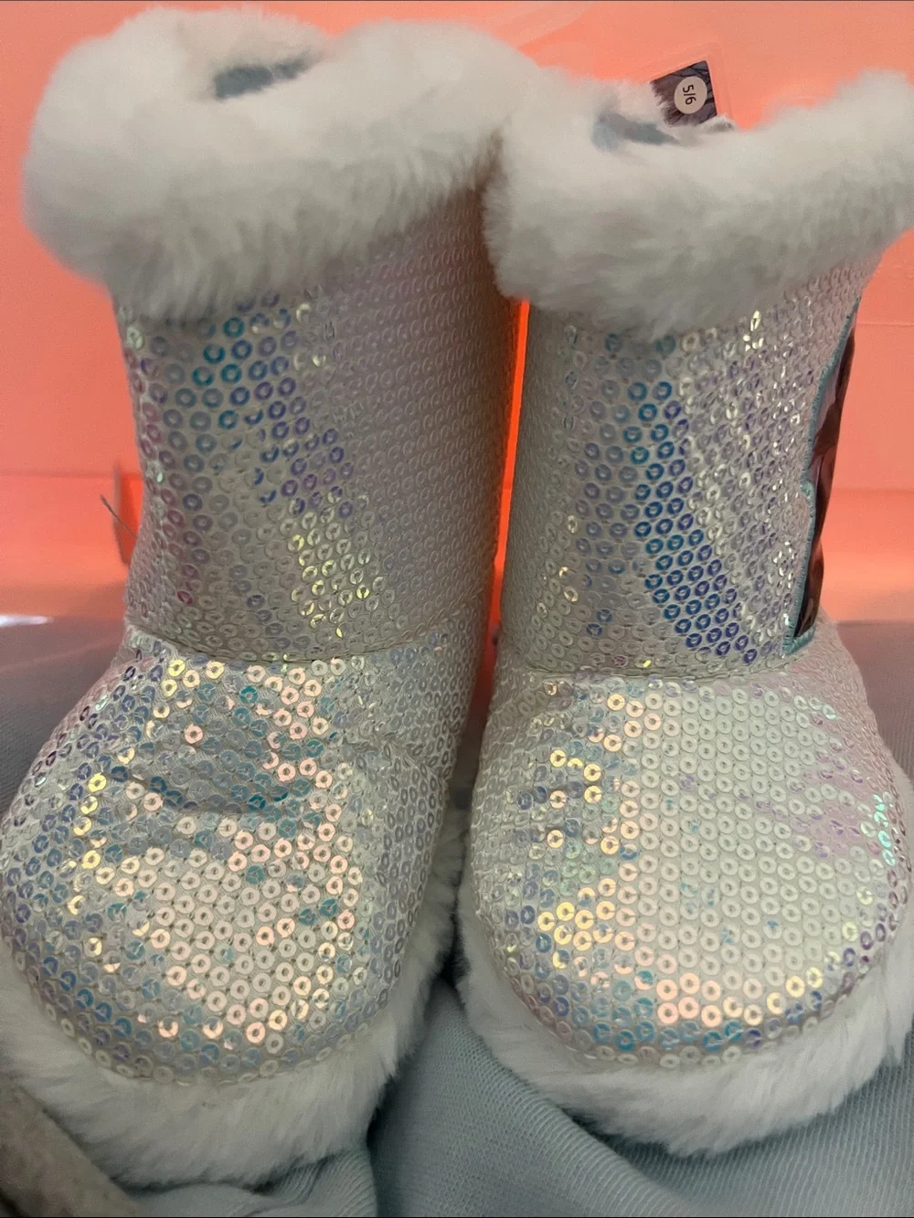 Disney Iridescent Holographic Sequin Kids Boots with White Faux Fur